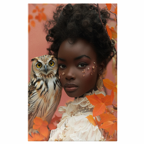 Tablou Canvas Bufniță Speriată și Fata Neagră cu Rochie Albă – Pictură Digitală Unică, Marime 40x25CM