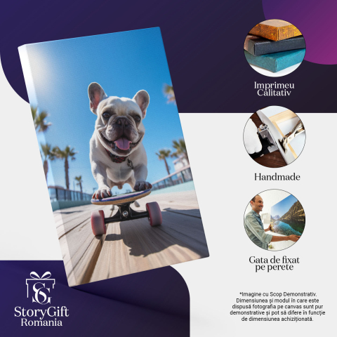 Tablou Canvas:  Bulldog francez care se da cu skateboard-ul - joaca alb distractie Pictura Digitala 40x25CM [2]