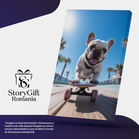 Tablou Canvas:  Bulldog francez care se da cu skateboard-ul - joaca alb distractie Pictura Digitala 40x25CM [4]