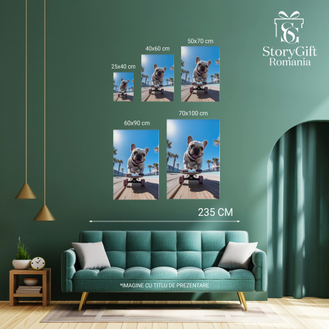 Bulldog Francez pe Skateboard - Pictură Digitală Jucăușă, Marime 40x25CM [2]