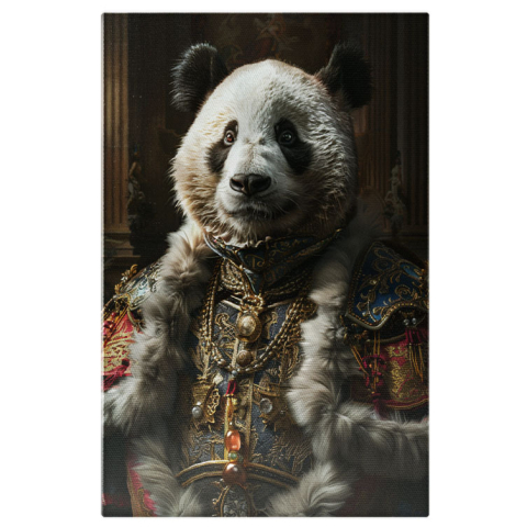 Animale - Tablou Canvas Burtosul Baron de Bambus Ursul Panda în Haine Frumoase și Colier , Pictura Digitala 40x25CM