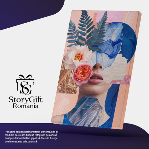 Tablou Canvas Bust de femeie abstract din flori și frunze - Buze sclipitoare, detalii albastre și flori , Pictura Digitala 40x25CM [4]