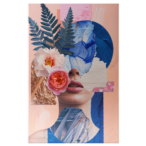 Abstract - Tablou Canvas Bust de femeie abstract din flori și frunze - Buze sclipitoare, detalii albastre și flori , Pictura Digitala 40x25CM