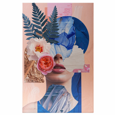 Tablouri Canvas - Tablou Canvas - Bust de Femeie Abstract din Flori și Frunze, Buze Sclipitoare, Detalii Albastre, Marime 40x25CM