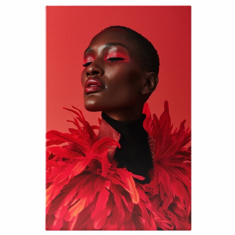 Portret - Tablou Canvas - Bust Feminin cu Jachetă din Pene Roșii și Helancă Neagră, Marime 40x25CM