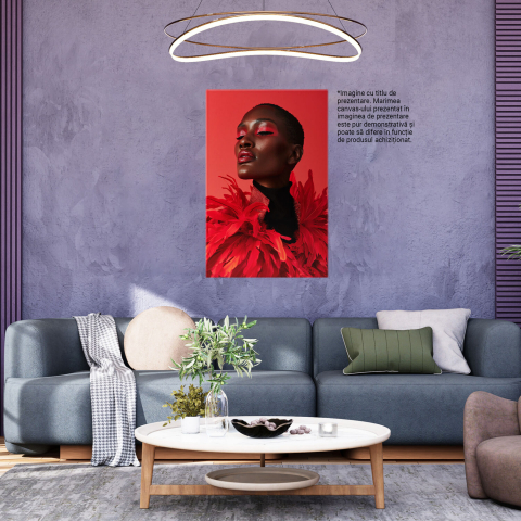 Tablou Canvas - Bust Feminin cu Jachetă din Pene Roșii și Helancă Neagră, Marime 40x25CM [2]