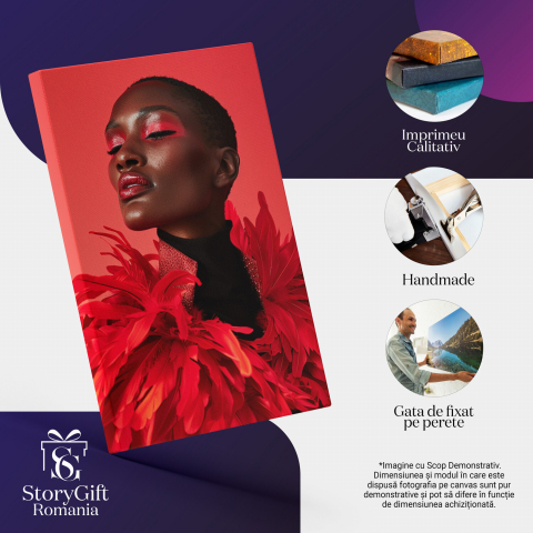 Tablou Canvas - Bust Feminin cu Jachetă din Pene Roșii și Helancă Neagră, Marime 40x25CM [1]