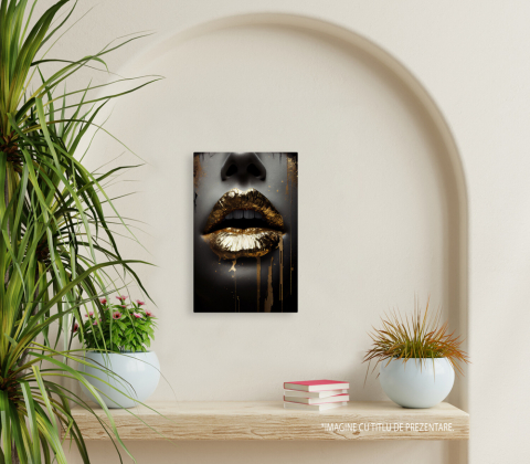 Tablou Canvas Buze De Aur, Chip Femeie, Alb Negru, Contemporan, High End, Arta si Pictura Digitala, 25x40 cm [3]