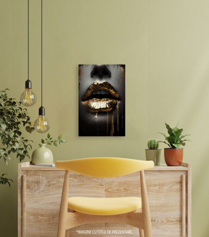 Tablou Canvas Buze De Aur, Chip Femeie, Alb Negru, Contemporan, High End, Arta si Pictura Digitala, 25x40 cm [2]