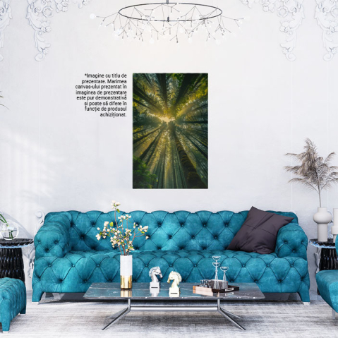 Tablou Canvas:  Cadru Frumos, Verde cu Trunchiuri de Copaci în Pădure și Lumina Soarelui- Natură Verde Pictura Digitala 40x25CM [1]