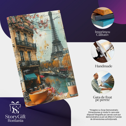 Tablou Canvas - Cafeneaua din Paris - Vedere cu Turnul Eiffel și Fluviul Sena cu Vaporașe, Marime 40x25CM [1]