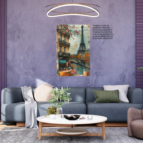 Tablou Canvas - Cafeneaua din Paris - Vedere cu Turnul Eiffel și Fluviul Sena cu Vaporașe, Marime 40x25CM [2]