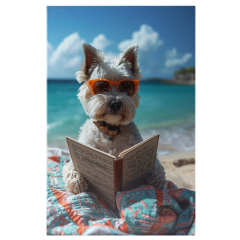 Câini - Câine Alb West Highland White Terrier pe Plajă cu Ochelari de Soare, Marime 40x25CM