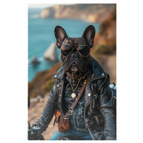 Câini - Buldog Motociclist în Geacă de Piele și Ochelari de Soare - Pictură Digitală Fashion, Marime 40x25CM