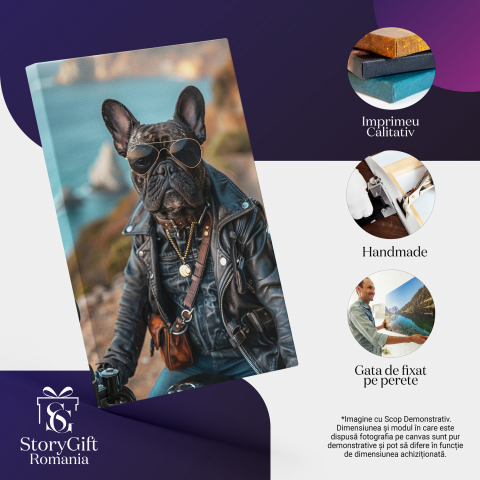 Buldog Motociclist în Geacă de Piele și Ochelari de Soare - Pictură Digitală Fashion, Marime 40x25CM [1]