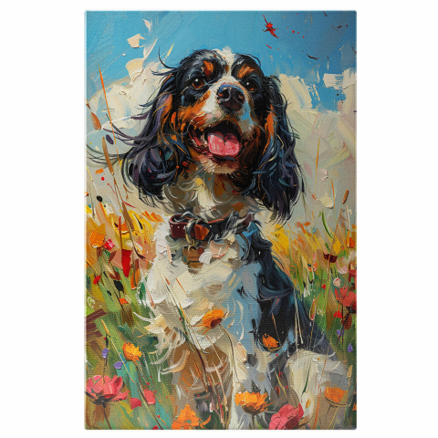 Câini - Tablou Canvas Câine Alb-Negru cu Zgarda Personalizată și Ochii Căprui Fericit în Mijlocul Florilor, Marime 40x25CM