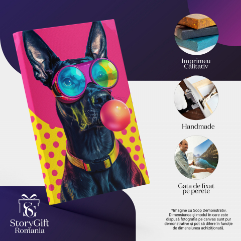 Tablou Canvas Câine cu Blană Neagră Lucioasă cu Balon de Gumă Roz și Ochelari, Marime 40x25CM [1]