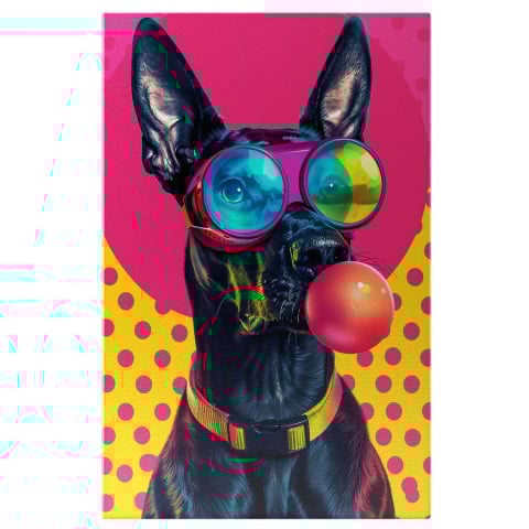 Tablouri Canvas - Tablou Canvas Câine cu Blană Neagră Lucioasă cu Balon de Gumă Roz și Ochelari, Marime 40x25CM