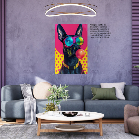 Tablou Canvas Câine cu Blană Neagră Lucioasă cu Balon de Gumă Roz și Ochelari, Marime 40x25CM [2]
