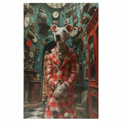 Câine Dalmatian în Costum Alb cu Carouri Roșii - Pictură Digitală în Atelier, Marime 40x25CM