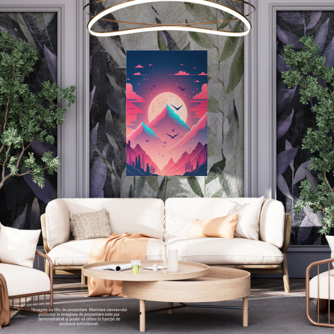 Tablou Canvas, Calatoria la Apus, Munte, Pasari, Ilustratie Creativa, Detaliat, Contemporan, High End, Arta si Pictura Digitala, Watercolor, Suprarealism, Concept Generat cu Inteligenta Artificiala, A [3]