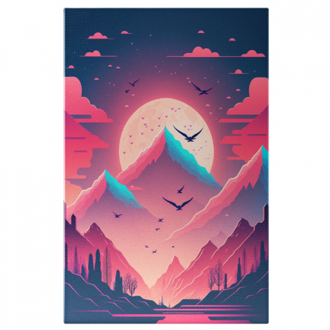 Marimea 40x25CM - Tablou Canvas, Calatoria la Apus, Munte, Pasari, Ilustratie Creativa, Detaliat, Contemporan, High End, Arta si Pictura Digitala, Watercolor, Suprarealism, Concept Generat cu Inteligenta Artificiala, A