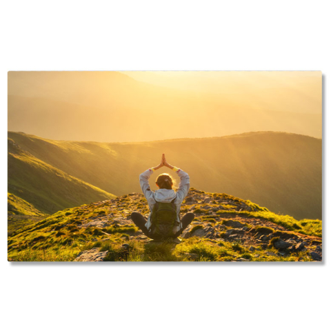 Peisaj - Tablou Canvas - Calatorind Prin Padure: Fata cu Rucsac Meditand, Yoga, Golden Hour, Apus 40x25CM