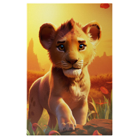 Animale - Tablou Canvas: Calea Imflorita a Leului Drumul Micutului Animal prin Savana Inconjurat de Flori Rosii Salbatice Pictura Digitala 40x25CM