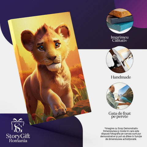 Tablou Canvas: Calea Imflorita a Leului Drumul Micutului Animal prin Savana Inconjurat de Flori Rosii Salbatice Pictura Digitala 40x25CM [2]