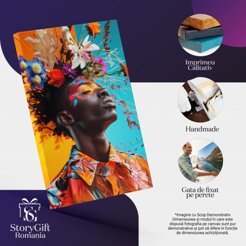 Tablou Canvas - Camasă Portocalie cu Model Floral Contrast Portocaliu-Turcoaz, Marime 40x25CM [1]