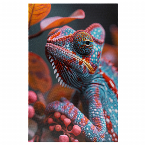 Cameleonul Punctat - Tablou Canvas în Nuțe de Roz și Albastru cu Ochii Bulbucați, Marime 40x25CM