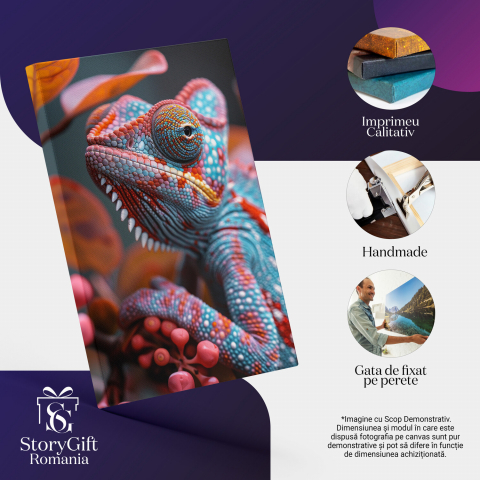 Cameleonul Punctat - Tablou Canvas în Nuțe de Roz și Albastru cu Ochii Bulbucați, Marime 40x25CM [1]