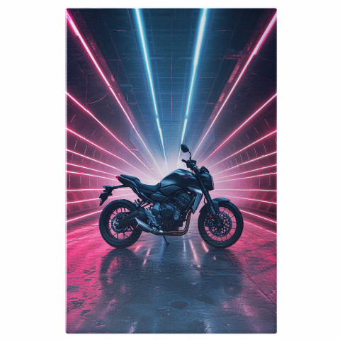 Garaj cu Motocicletă Neagră și Lumini Roz - Tablou Canvas pentru Pasionați, Marime 40x25CM