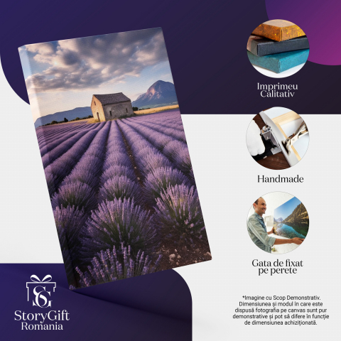 Tablou Canvas Câmp cu Lavandă | Pictură Digitală cu Hambar și Munte, Marime 40x25CM [1]