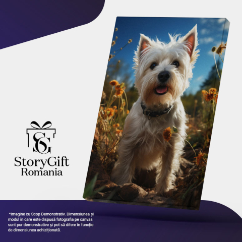 Tablou Canvas: Câmpul cu Flori și Câinele Patrocle fără Lesă Animal Liber în Păpădii Pictura Digitala 40x25CM [4]