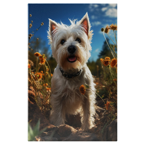 Câini - Tablou Canvas: Câmpul cu Flori și Câinele Patrocle fără Lesă Animal Liber în Păpădii Pictura Digitala 40x25CM