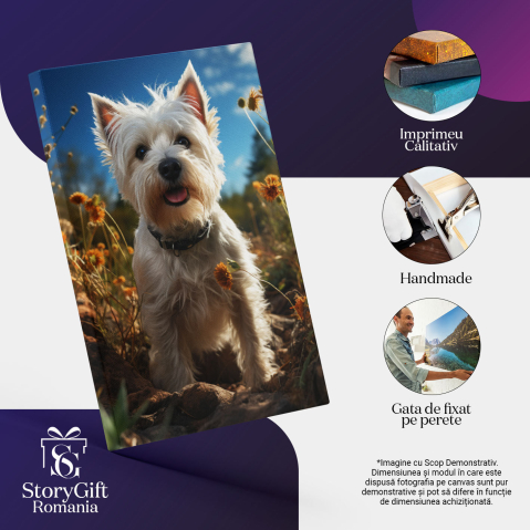 Tablou Canvas: Câmpul cu Flori și Câinele Patrocle fără Lesă Animal Liber în Păpădii Pictura Digitala 40x25CM [2]