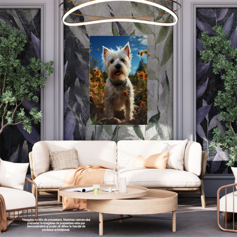 Tablou Canvas: Câmpul cu Flori și Câinele Patrocle fără Lesă Animal Liber în Păpădii Pictura Digitala 40x25CM [1]