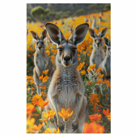 Flori - Canguri Fotogenici pe Câmp cu Flori Portocalii - Pictură Digitală cu Frumusețe Animală, Marime 40x25CM