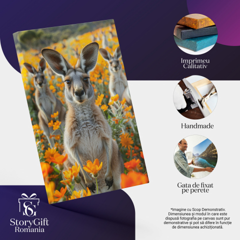 Canguri Fotogenici pe Câmp cu Flori Portocalii - Pictură Digitală cu Frumusețe Animală, Marime 40x25CM [1]