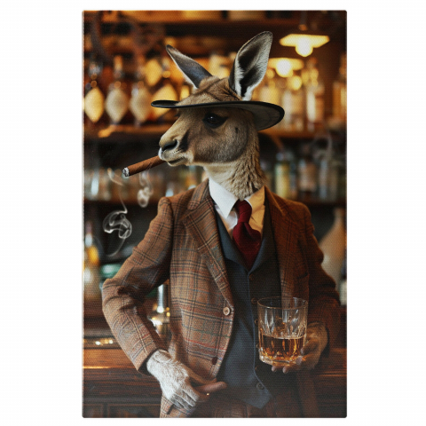 Tablou Canvas Cangur cu Trabuc și Costum în Bar - Pictură Digitală, Marime 40x25CM