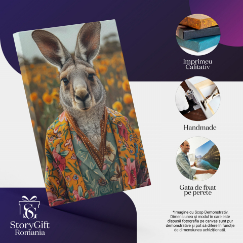 Cangur în Cămașă Albastră și Sacou Galben în Câmp de Flori Portocalii, Marime 40x25CM [1]