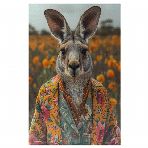 Cangur în Cămașă Albastră și Sacou Galben în Câmp de Flori Portocalii, Marime 40x25CM