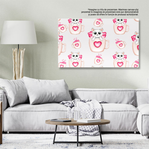 Tablou Canvas: Căni de cafea cu inimi și pisici - Pisici în căni de cafea 40x25CM [2]