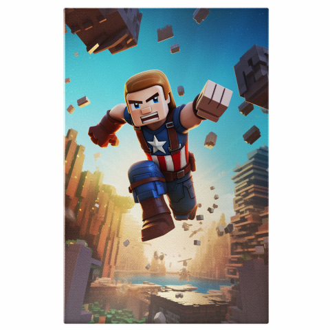 Personaje Desene Animate - Tablou Canvas - Captain America Zburând în Stil Minecraft, Marime 40x25CM
