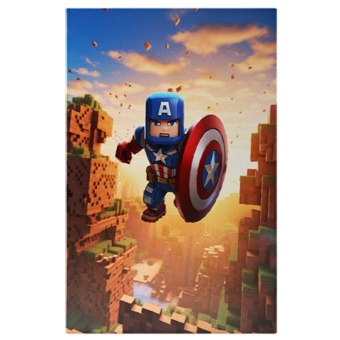 Personaje Desene Animate - Tablou Canvas: Capitan america zburand caracter minecraft cu scut cer senin jocuri video Pictura Digitala 40x25CM