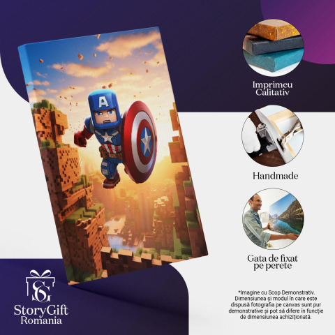 Tablou Canvas: Capitan america zburand caracter minecraft cu scut cer senin jocuri video Pictura Digitala 40x25CM [2]