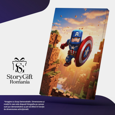 Tablou Canvas: Capitan america zburand caracter minecraft cu scut cer senin jocuri video Pictura Digitala 40x25CM [4]
