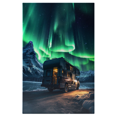Aurora Boreală - Tablou Canvas:  Caravană și Aurora Boreală, Norvegia- Peisaje Pictura Digitala 40x25CM