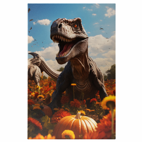 Dinozaur Cartoon cu Ochii Roșii lângă Lanul de Flori și Dovleci - Pictură Digitală, Marime 40x25CM